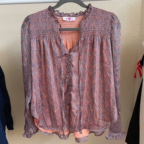 Buddy Love Floral Metallic Long Sleeve Button Blouse - Picture 2 of 7